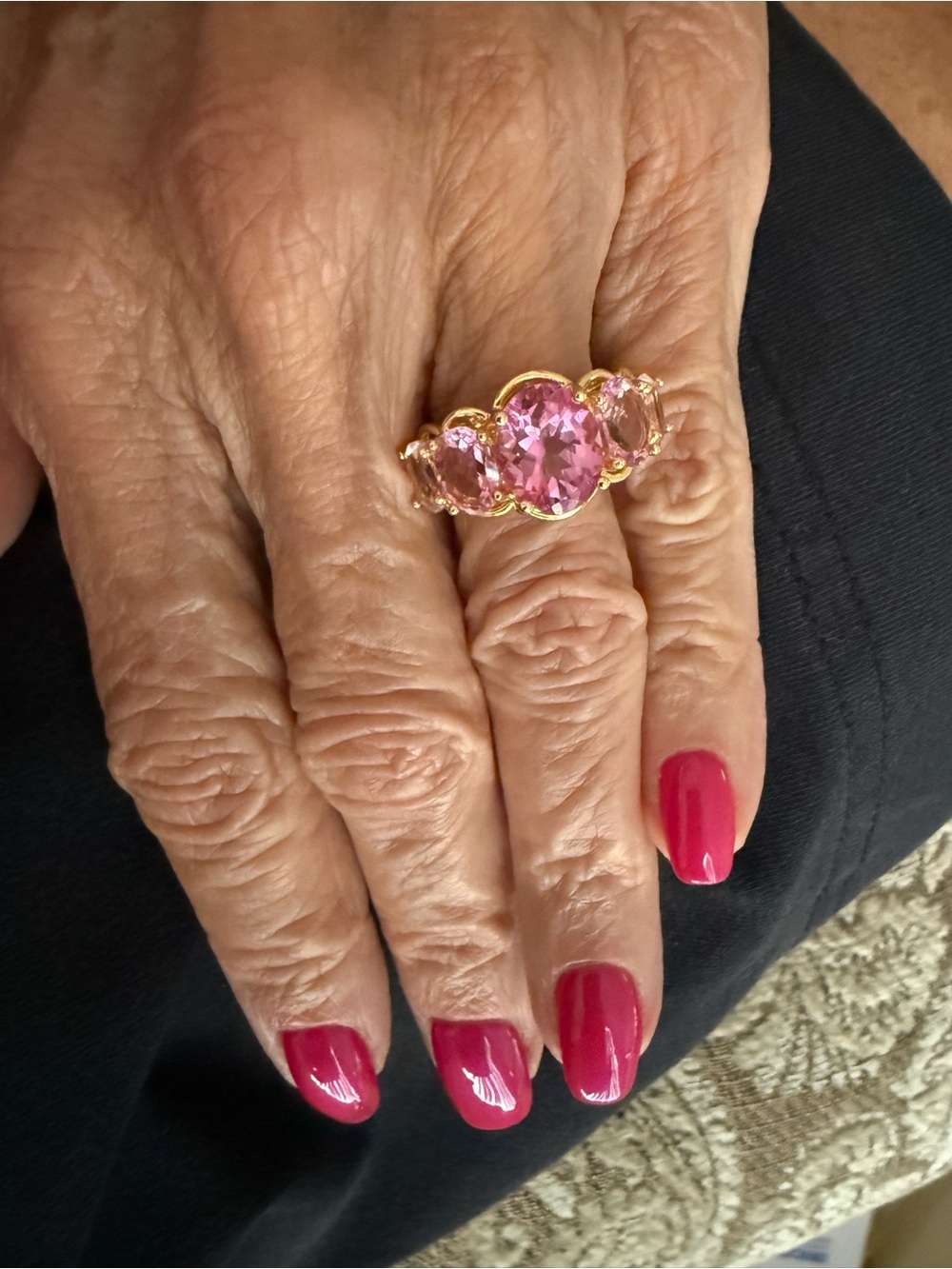 Lowest Price! 4.58KT Pink Topaz 5- Stone Ring in 18kt Gold over Sterling Silver - Picture 3 of 6
